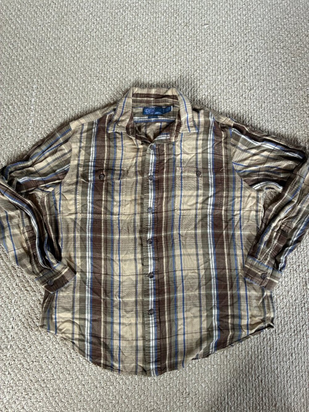 Polo Ralph Lauren Classic Fit Plaid Twill Workshirt Brown Tan Blue XL Super Soft